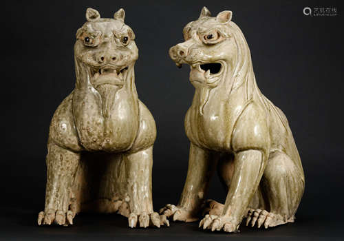 Pair of Two Yue Ware Celadon Glaze Lion Statues