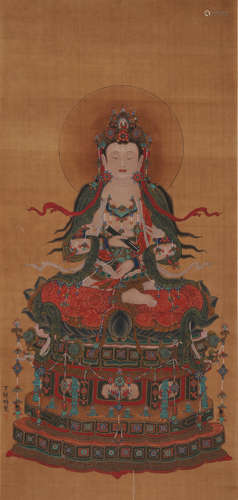 Chinese Bodhisattva Painting Silk Scroll, Ding Guanpeng Mark