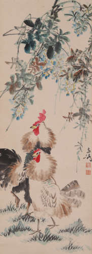 Chinese Rooster Painting Scroll, Wang Xuetao Mark