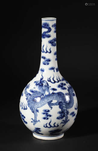 Blue and White Phoenix and Dragon Bottle Vase