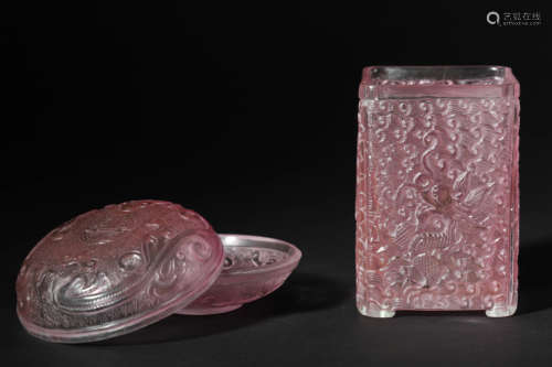 Two Pink Glassware Ink Paste Box and Brush Pot