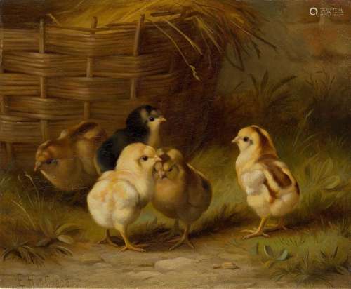 Edgar Hunt, <br />
British 1876-1953- <br />
Five chicks by ...