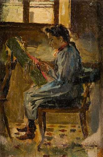 SPANISH SCHOOL (S. XIX / S. XX) "Young man sewing"