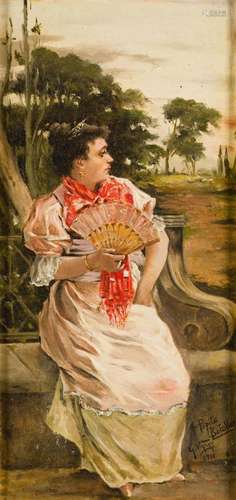 SPANISH SCHOOL (1st 1/2 S.XX) "Lady with a fan in the g...