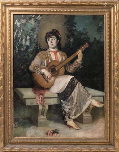 SPANISH SCHOOL (S. XIX) "Lady playing the guitar in the...