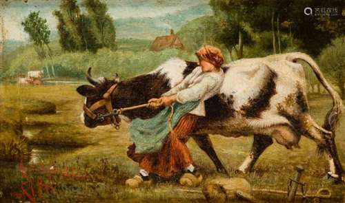 ESCUELA ESPAÑOLA (Ppios.S.XX) "Girl and cow", 1903