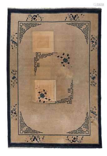 Chinese hand-knotted wool rug. Beige field and geometric and...