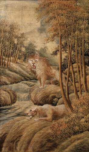 Embroidery representing lions in a landscape, China, S.XX