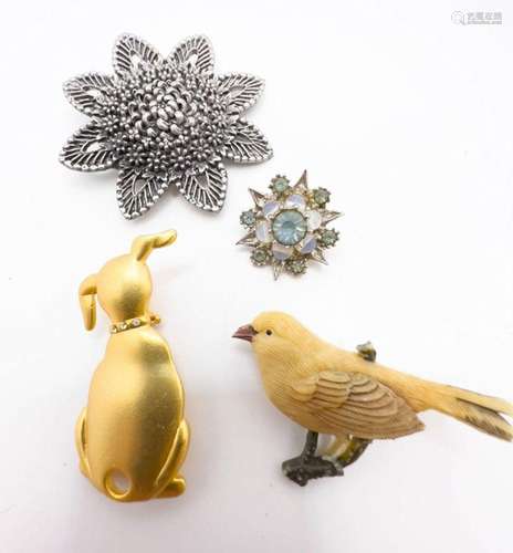 CAT, BIRD , STONES BROOCH LOT