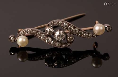 A diamond and pearl bar brooch of scroll form with pearl to ...