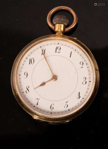 An 18k gold cased open faced pocket watch, the white enamel ...