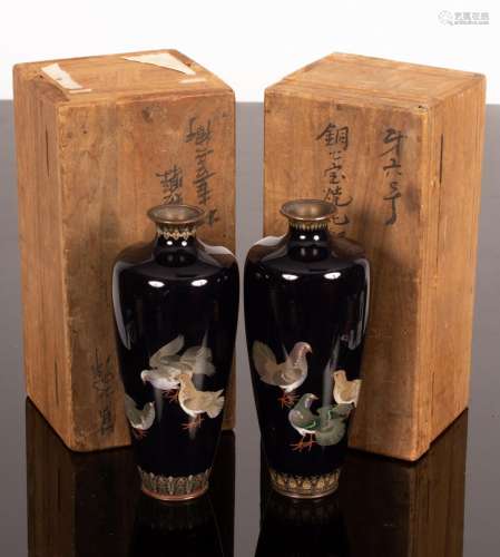 A pair of Japanese cloisonne vases, Meiji period, each depic...