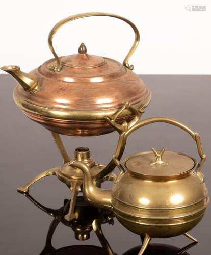 A WAS Benson copper and brass kettle on tripod stand with bu...