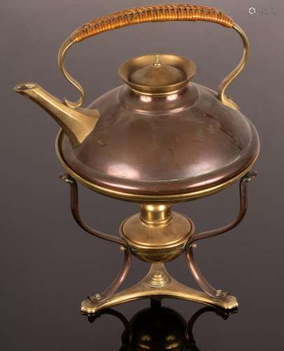 A WAS Benson copper and brass kettle with rattan handle on t...