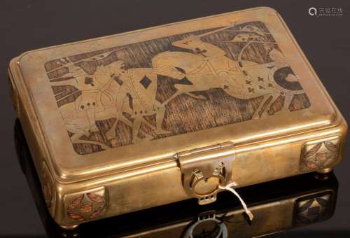 A brass rectangular card box inlaid wooden panels, decorated...