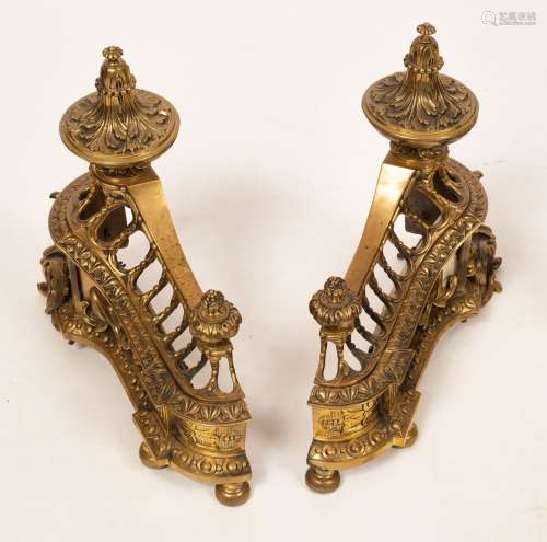 A pair of Empire style brass marble mounted chenets,