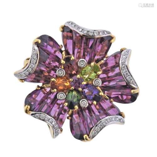 Bellarri 18k Gold Diamond Rhodolite Tourmaline Flower Brooch...