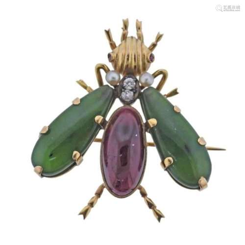 Antique 18k Gold Nephrite Jade Garnet Diamond Pearl Insect B...