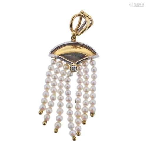 18k Gold Platinum Pearl Diamond Tassel Pendant