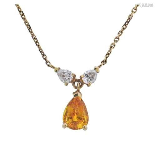 14k Gold Diamond Orange Sapphire Pendant Necklace