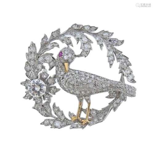 Midcentury Platinum Gold Diamond Ruby Bird Brooch