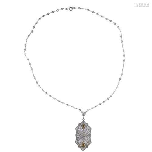 Art Deco Filigree 14k Gold Diamond Pendant Necklace