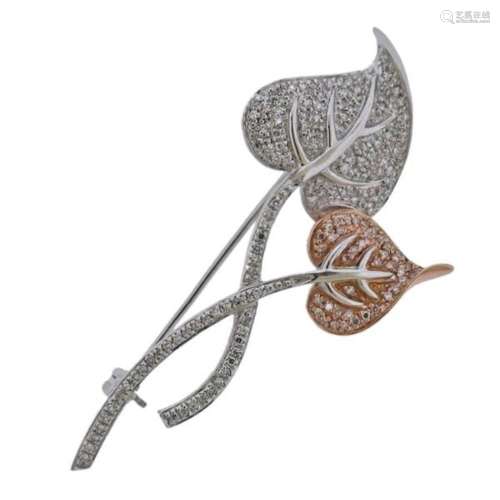 14k Gold Diamond Leaf Motif Brooch Pin