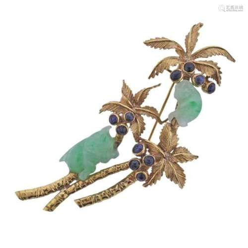 1970s 18k Gold Sapphire Carved Jade Palm Brooch Pin