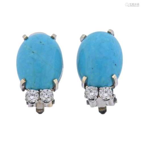14k Gold Diamond Turquoise Earrings