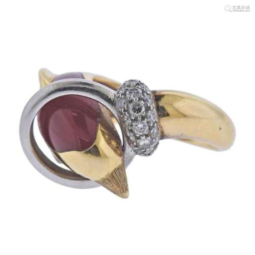 French 18k Gold Diamond Carnelian Ruby Dolphin Ring
