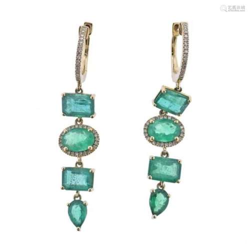 14k Gold Diamond Emerald Drop Earrings