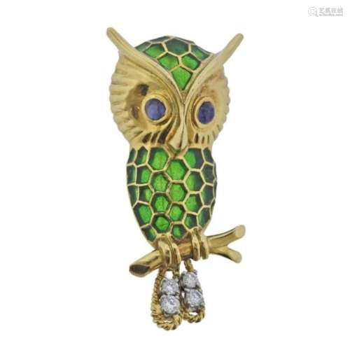 Peter Lindeman 18k Gold Diamond Enamel Owl Brooch Pin