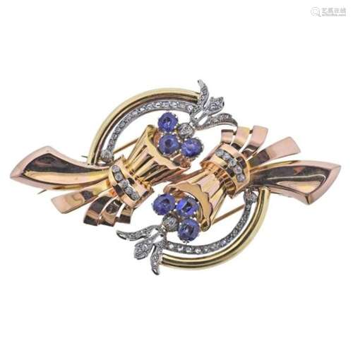 Retro 18k Gold Platinum Diamond Sapphire Clip Brooch