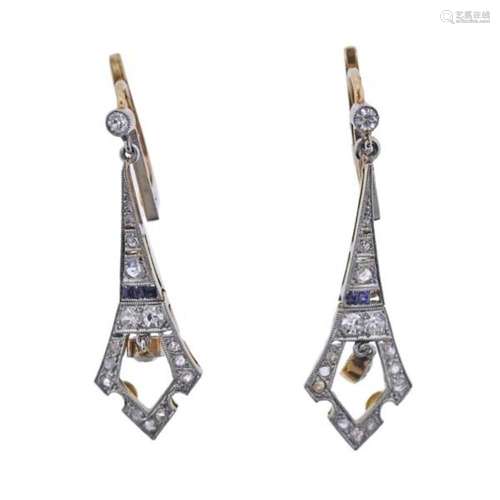 Antique French 18k Gold Platinum Diamond Sapphire Earrings