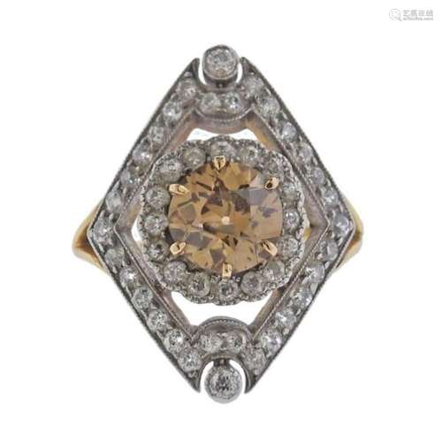 Art Deco GIA 1.54ct Fancy Yellow Brown European Diamond Ring