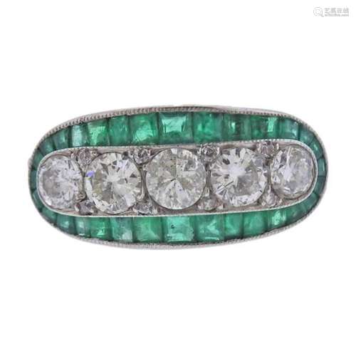 Art Deco Platinum Diamond Emerald Ring