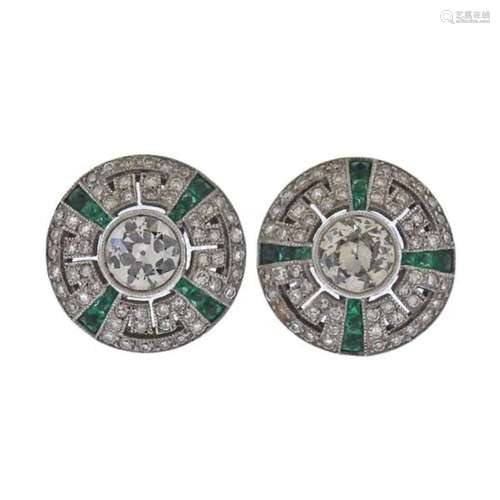 Art Deco Platinum Diamond Emerald Earrings