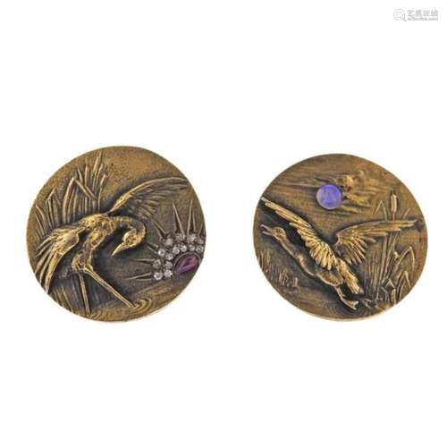 Vintage 14k Gold Diamond Heron Bird Cufflinks