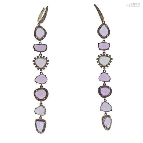 14k Gold Diamond Pink Sapphire Drop Earrings