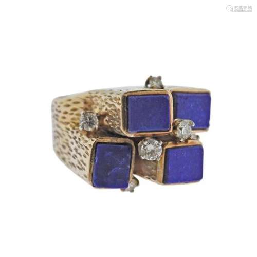 1970s 18k Gold Diamond Lapis Ring