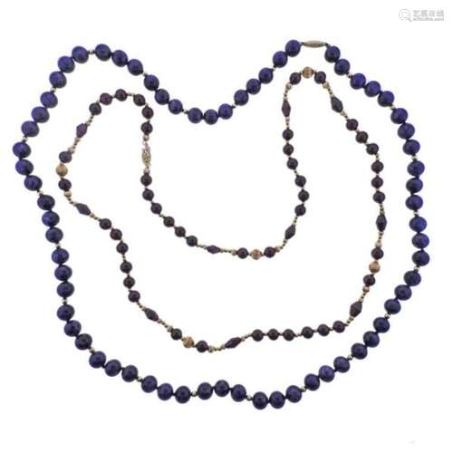 14k Gold Garnet Lapis Bead Necklace Lot of 2