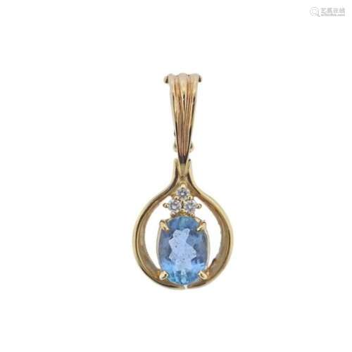 14k Gold Diamond Blue Topaz Pendant