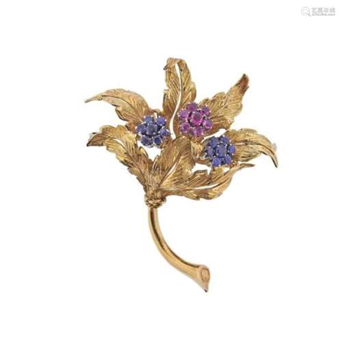 Italian 1960s 18k Gold Sapphire Flower Brooch Pin