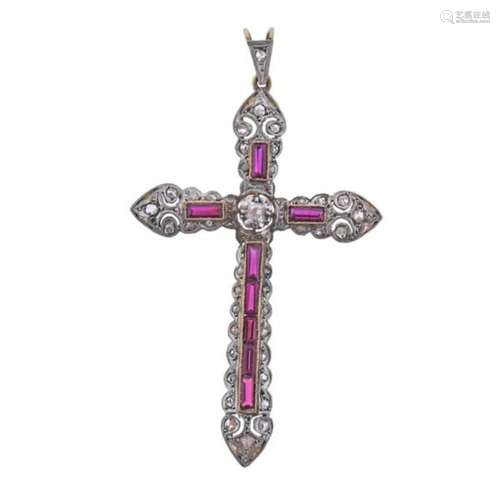 18k Gold Platinum Ruby Diamond Cross Pendant