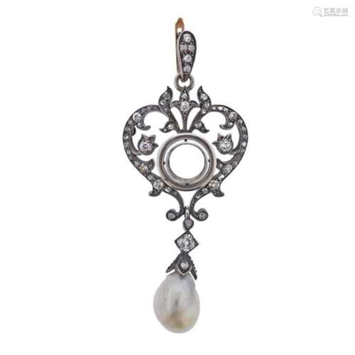 Antique 18k Gold Platinum Silver Pearl Diamond Pendant