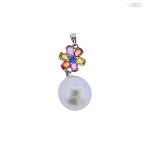 18k Gold Pearl Multi Color Sapphire Pendant