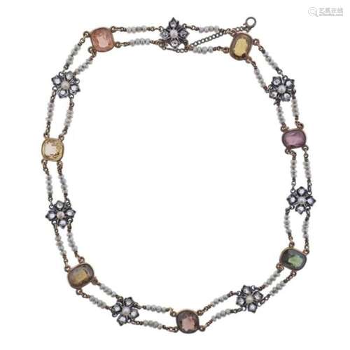 Antique 14k Gold Silver Diamond Gemstone Choker Necklace