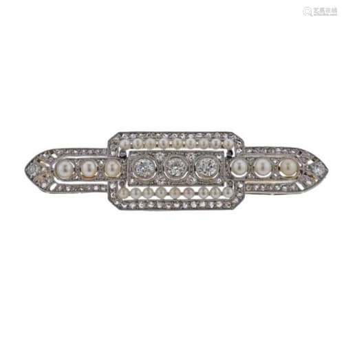 Art Deco Platinum Gold Diamond Pearl Brooch Pin