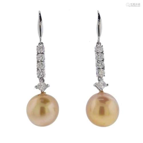 18k Gold Diamond South Sea Golden Pearl Drop Earrings