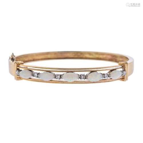 Antique 14k Gold Opal Diamond Bangle Bracelet